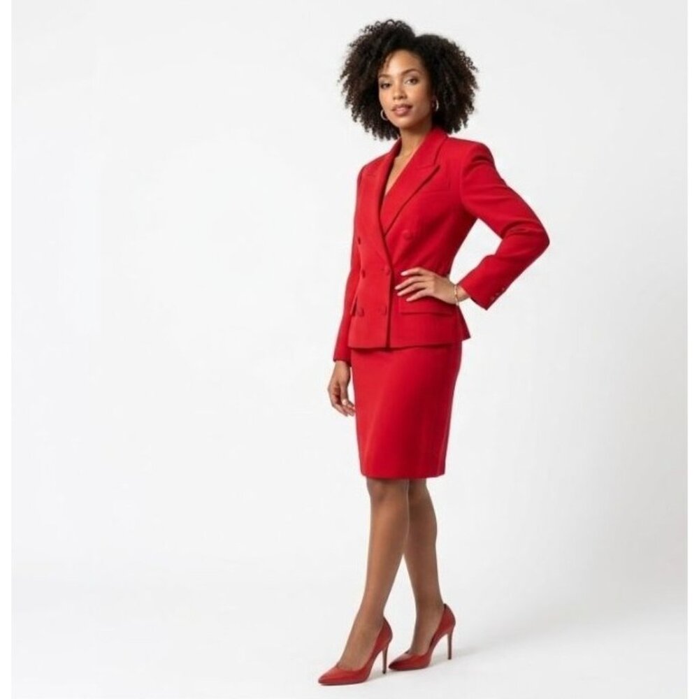 Vintage 90s Casual Corner Petite Red Double-Breasted Power Suit Blazer Pencil Sk